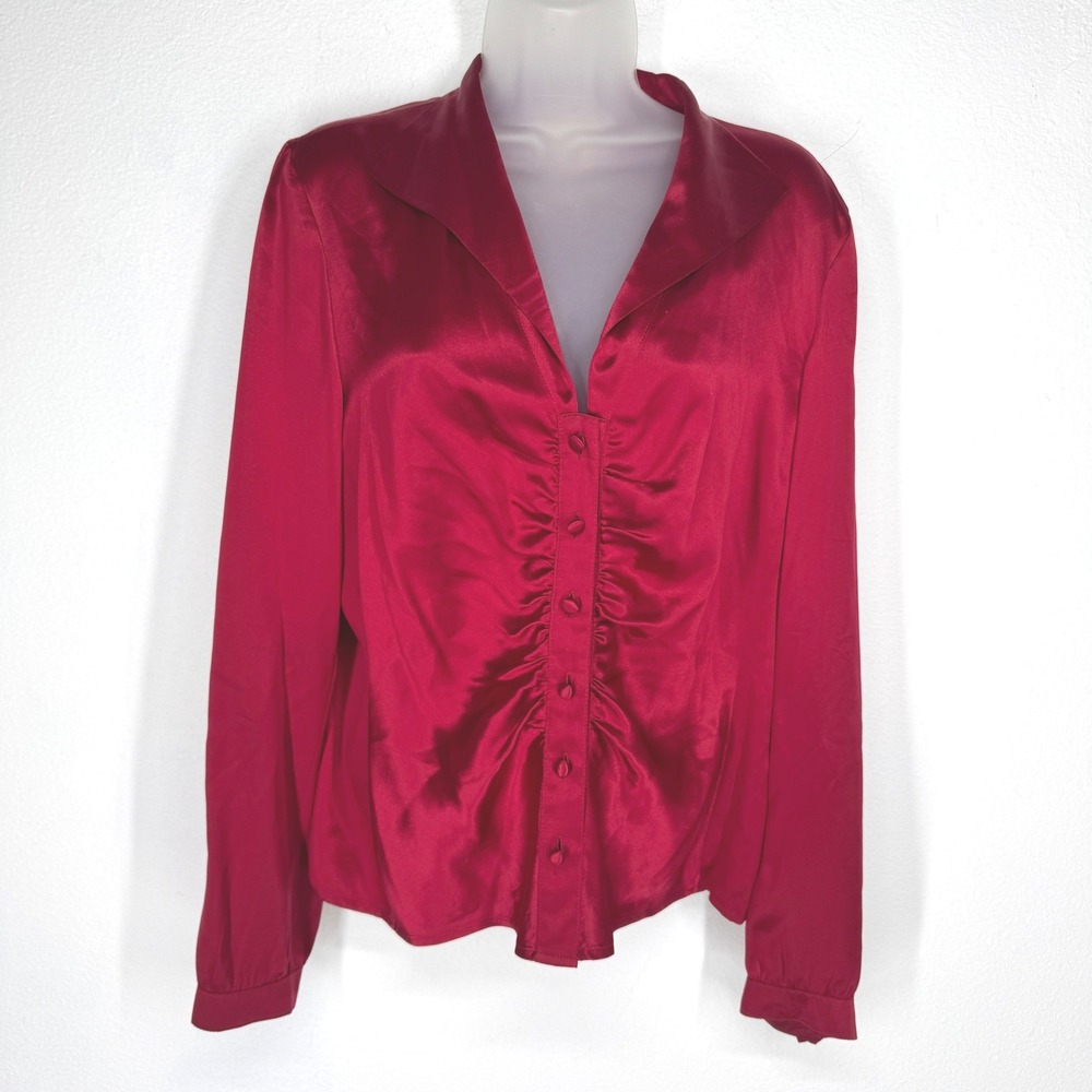 Talbots Vintage Womens Red 100% Pure Silk Ruched Button Top Size 10 Coquette 90s